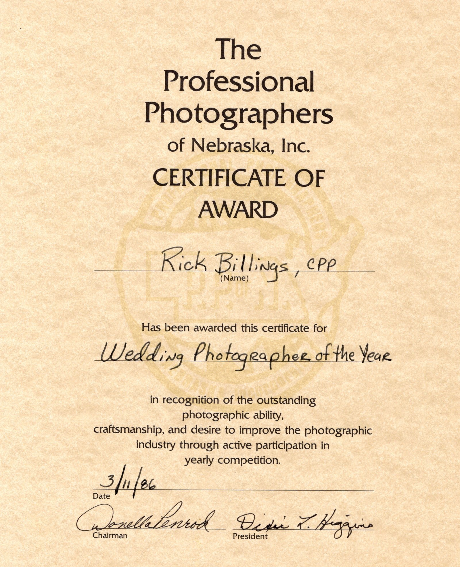 1986 Wedding Photographer of the Year